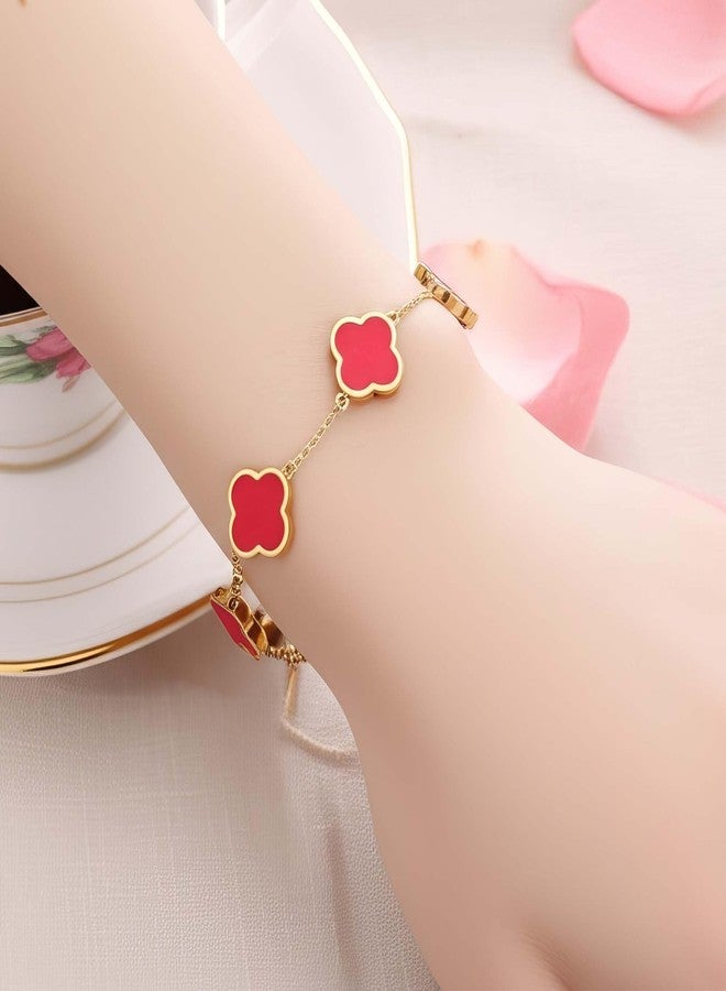 Chiorgone Four-Leaf Clover Bracelet for Women - 18K Gold Plated Titanium Steel Lucky Charm Adjustable Jewelry (Red) - Image 2